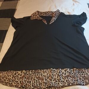 Leopard Trim Black Women's Top